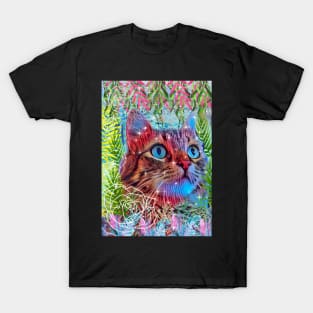 Beautiful blue eyed cat sitting in rose garden T-Shirt